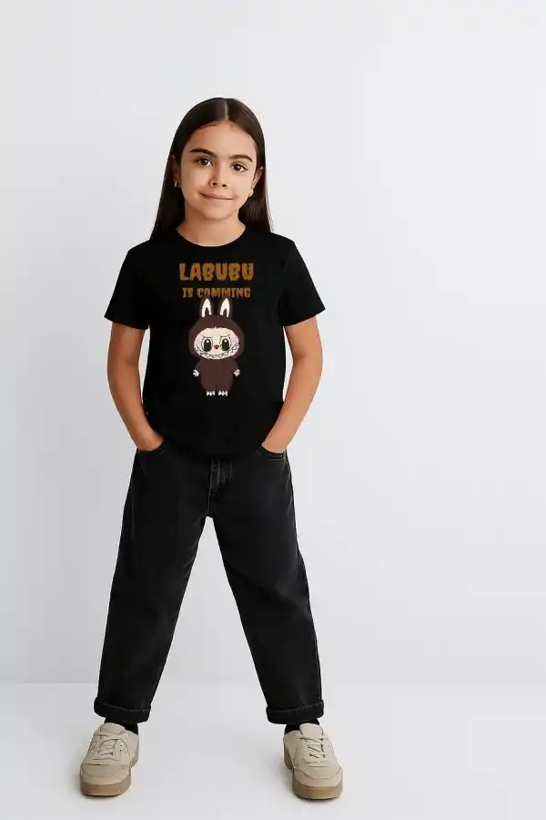 Kız Labubu Çocuk Baskılı T-Shirt - Siyah