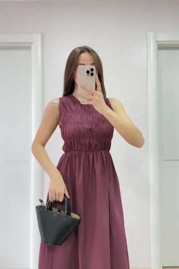 Kadın Kolsuz Göğüs Lastıklı %100 Poplin Uzun Elbise - Bordo