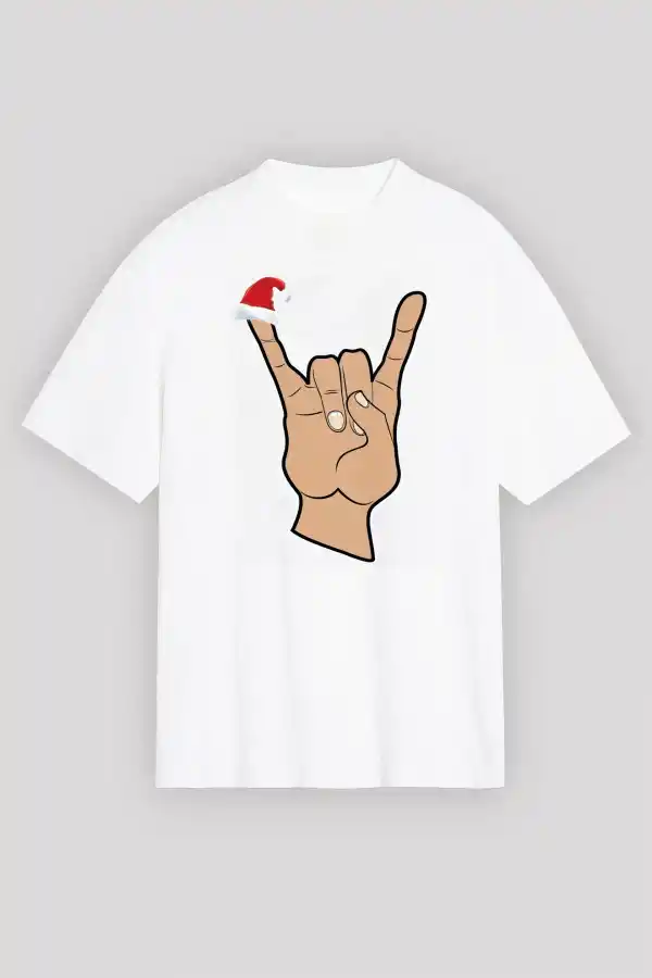 Yılbaşı Tişört Noel Başlıklı Serçe Parmak T-shirt - Beyaz