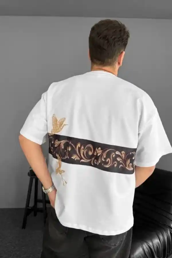 Erkek T-Shirt Ön ve Arka Baskılı Oversize Bisiklet Yaka tişort - Beyaz