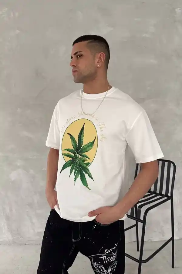 Erkek Kısa Kol Yazlık Tişört Bisiklet Yaka Baskılı Oversize T-Shirt - Beyaz
