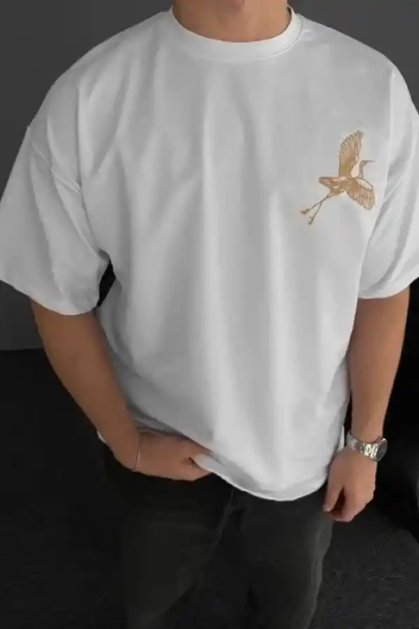 Erkek T-Shirt Ön ve Arka Baskılı Oversize Bisiklet Yaka tişort - Beyaz