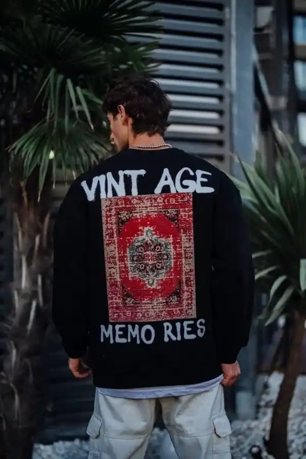 Erkek Bisiklet Yaka 3 İplik Pamuklu Baskılı SweatShirt - Siyah