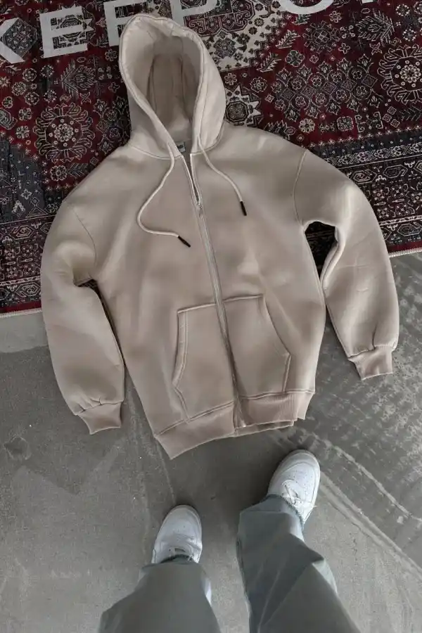 Kadın 3 İplik Pamuklu Kapüşonlu Kanguru Cepli Baskılı Oversize Hoodie Sweatshirt - Bej