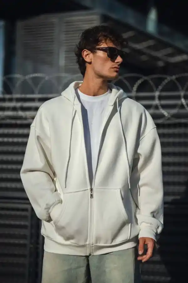 Erkek Tam Fermuarlı Cepli Kapüşonlu 3 iplik pamuklu hoodie Sweatshirt - Beyaz