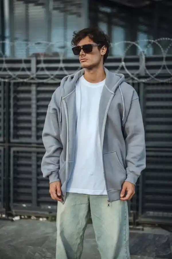 Erkek Tam Fermuarlı Cepli Kapüşonlu 3 iplik pamuklu hoodie Sweatshirt - Gri