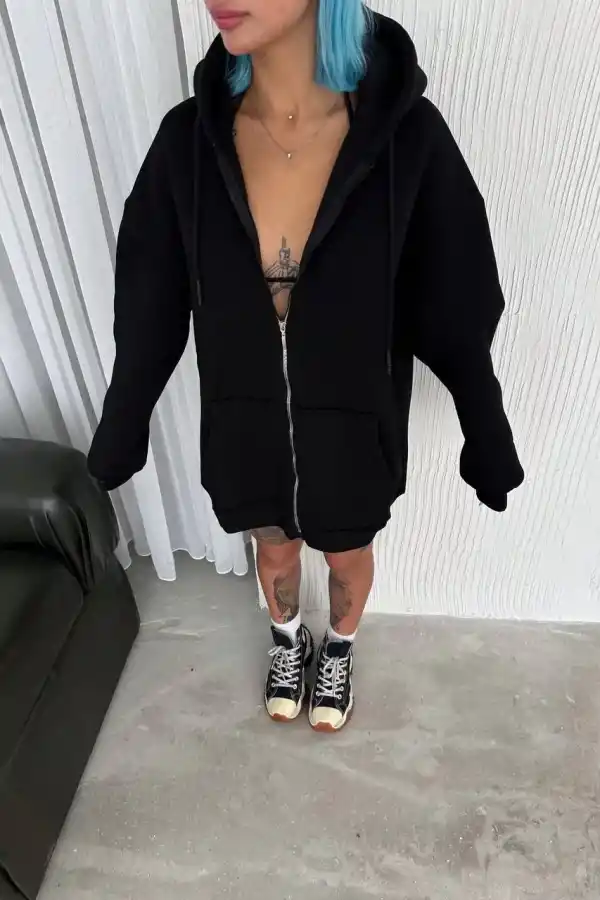 Kadın Tam Fermuarlı Cepli Kapüşonlu 3 iplik pamuklu hoodie Sweatshirt - Siyah