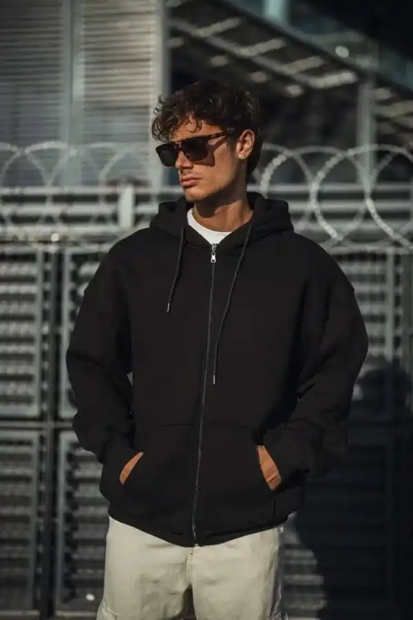Erkek Tam Fermuarlı Cepli Kapüşonlu 3 iplik pamuklu hoodie Sweatshirt - Siyah