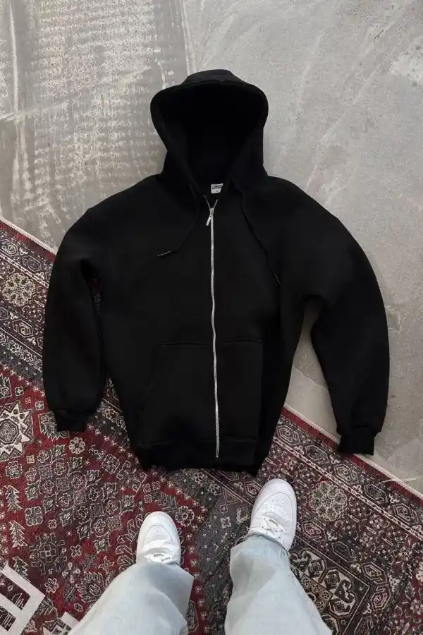 Kadın Tam Fermuarlı Cepli Kapüşonlu 3 iplik pamuklu hoodie Sweatshirt - Siyah