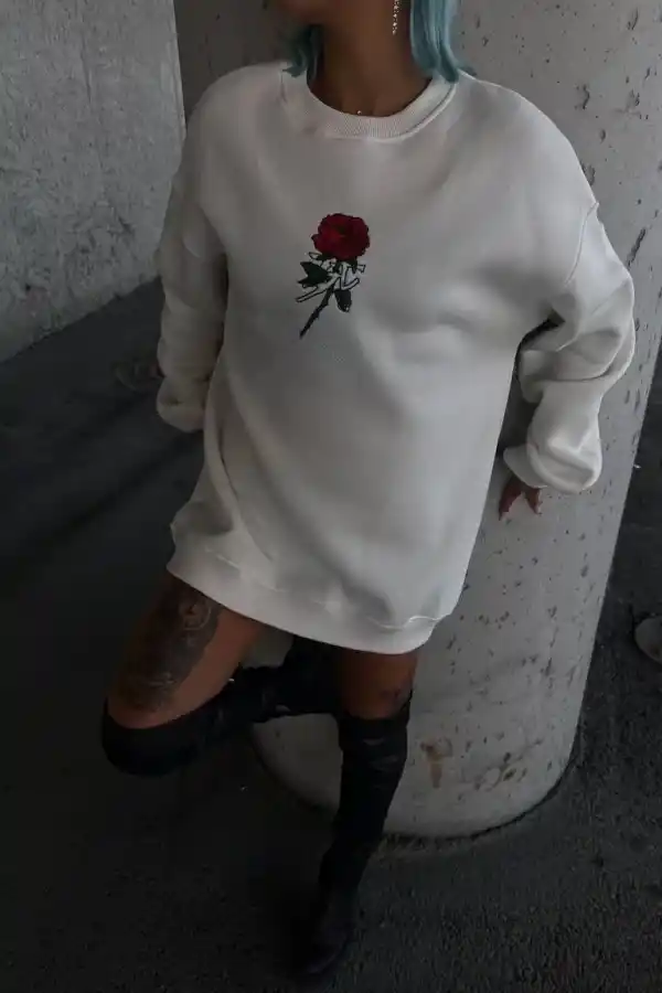 Kadın 3 iplik Pamuklu Bisiklet Yaka GÜL Baskılı SweatShirt - BeyazBeyaz