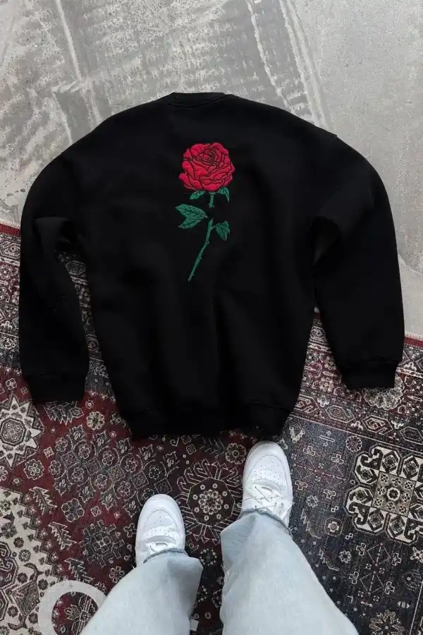 Kadın Oversize Kapüşonlu Cepli GÜL Baskılı 3 İplik Pamuklu Hoodie Sweatshirt - Siyah