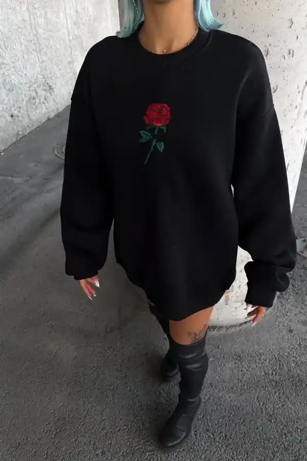Kadın Oversize Kapüşonlu Cepli GÜL Baskılı 3 İplik Pamuklu Hoodie Sweatshirt - Siyah