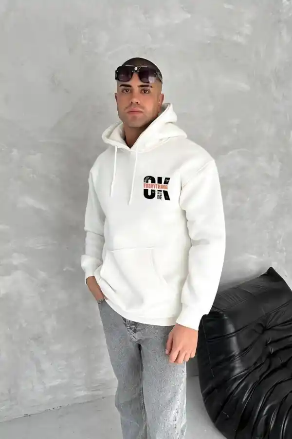 Erkek Kapüşonlu Kanguru Cepli Sweatshirt 3 İplik Pamuklu Baskılı Hoodie - Beyaz