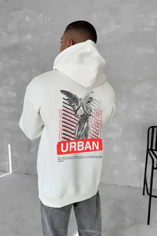 Erkek Kapüşonlu Kanguru Cepli Sweatshirt 3 İplik Pamuklu Baskılı Hoodie - Beyaz