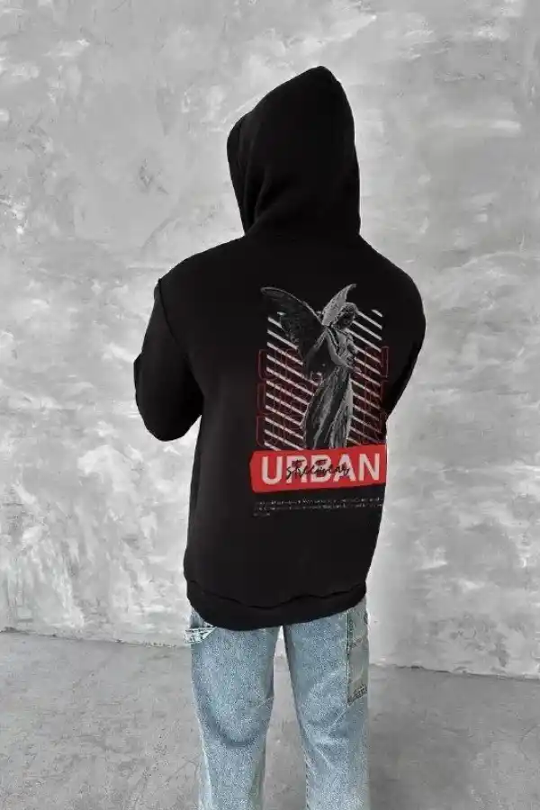Erkek Kapüşonlu Kanguru Cepli Sweatshirt 3 İplik Pamuklu Baskılı Hoodie - Siyah