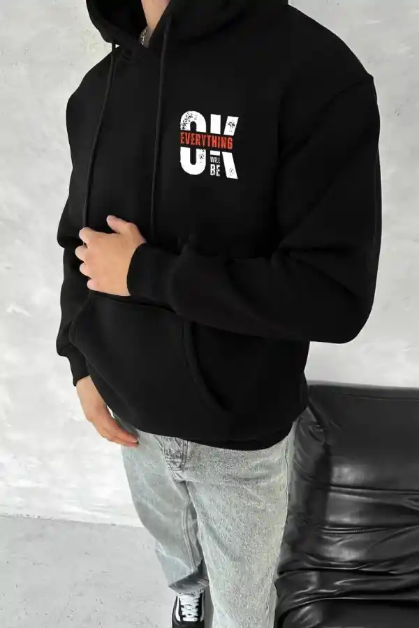 Erkek Kapüşonlu Kanguru Cepli Sweatshirt 3 İplik Pamuklu Baskılı Hoodie - Siyah