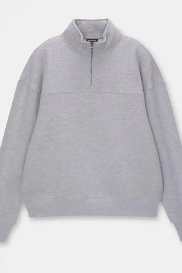 Kadın 3 İplik Pamuklu Oversize Yarım Fermuarlı Yakalı Basic Sweatshirt - Gri