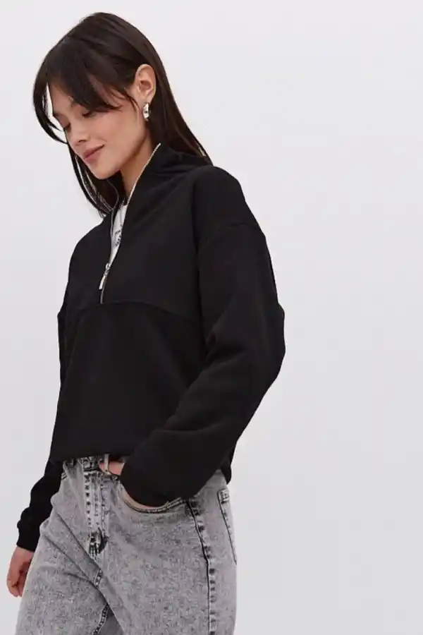 Kadın 3 İplik Pamuklu Oversize Yarım Fermuarlı Yakalı Basic Sweatshirt - Siyah