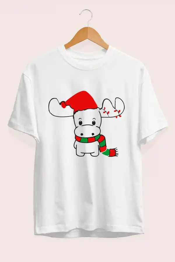 Yılbaşı Tişört Ren Geyiği baskılı Noel İçin T-shirt - Beyaz