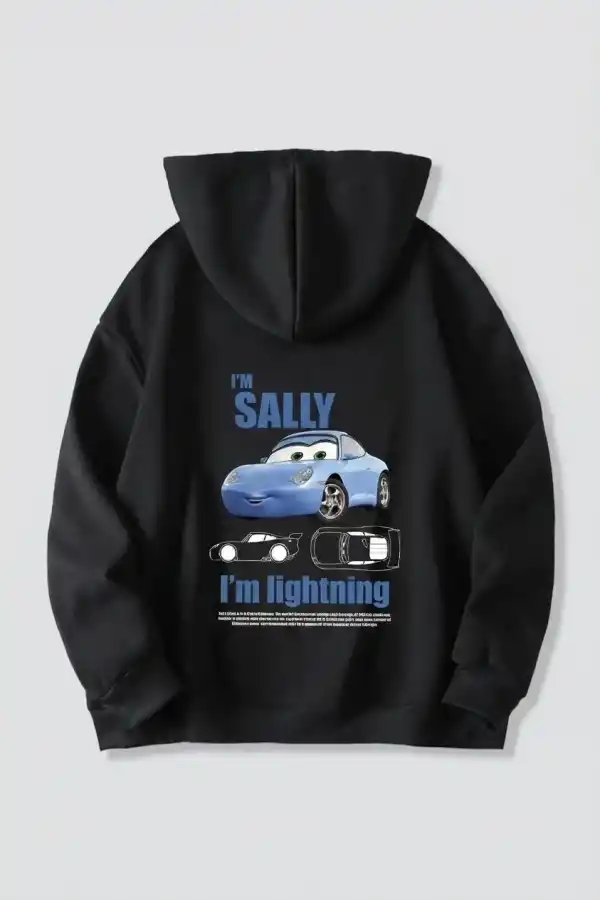 Sevgililer Günü Araba Temalı Baskılı Oversize Kapüşonlu Sweatshirt Hoodie - Siyah
