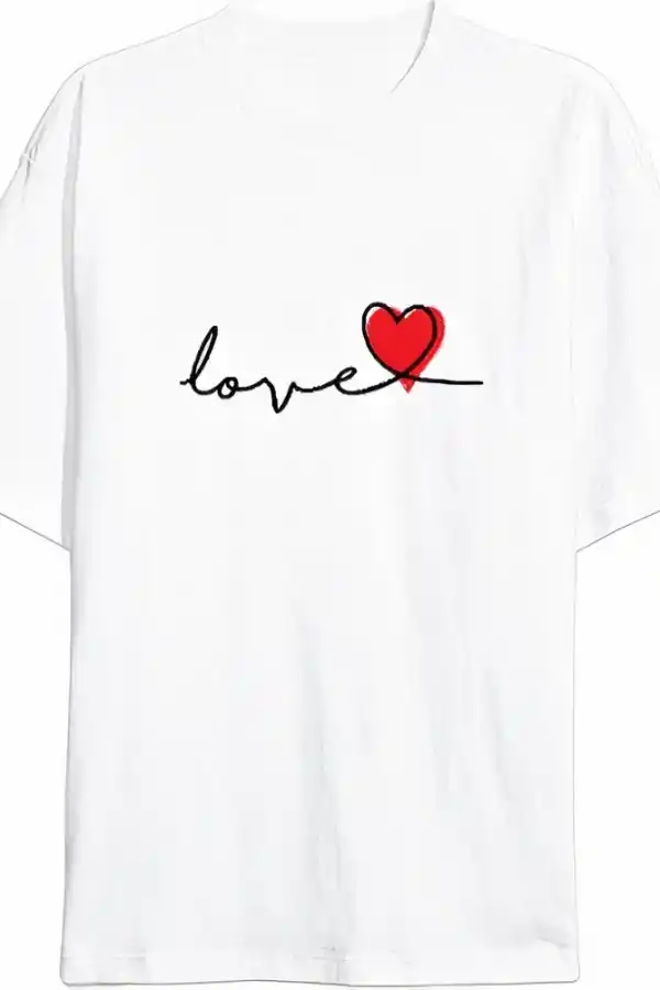 14 Şubat Tişört Sevgililer Günü İçin Özel Tasarım Love Baskılı T-shirt - Beyaz