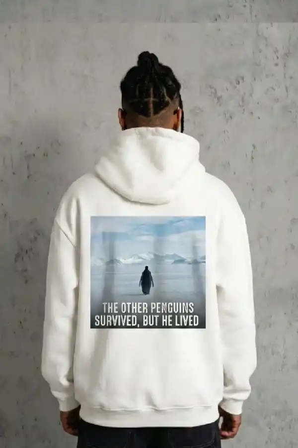 Erkek Survivor Penguin Baskılı 3 İplik Pamuklu Kapüşonlu Sweatshirt Hoodie Beyaz