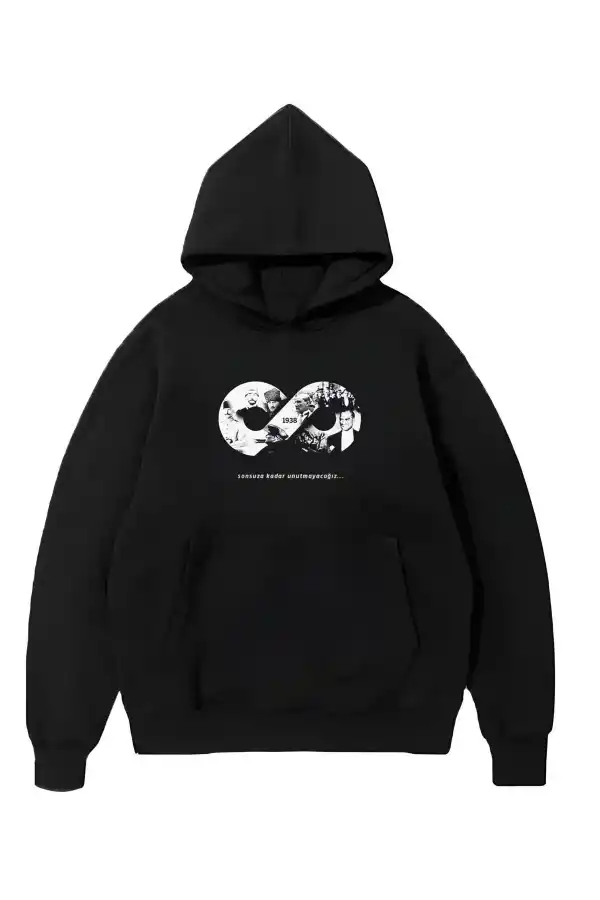 3 iplik Pamuklu Cepli  Kapüşonlu 10 Kasıma Özel SweatShirt Hoodie - Siyah