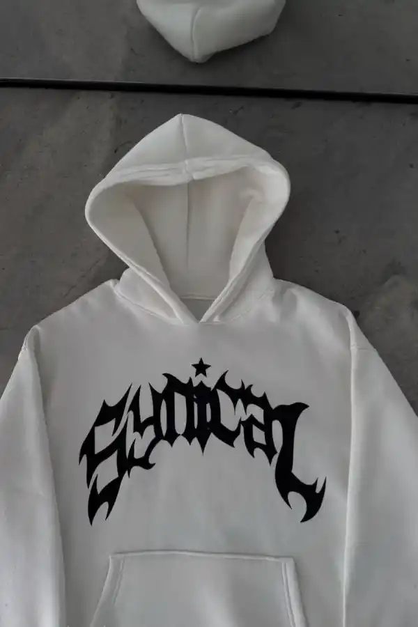 Kadın Kapüşonlu Kanguru Cepli Sweatshirt 3 İplik Pamuklu Baskılı Hoodie -  Beyaz