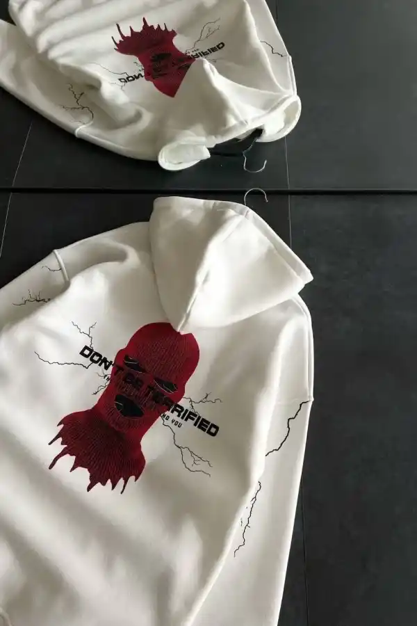 Kadın Kapüşonlu Kanguru Cepli Sweatshirt 3 İplik Pamuklu Baskılı Hoodie - Beyaz