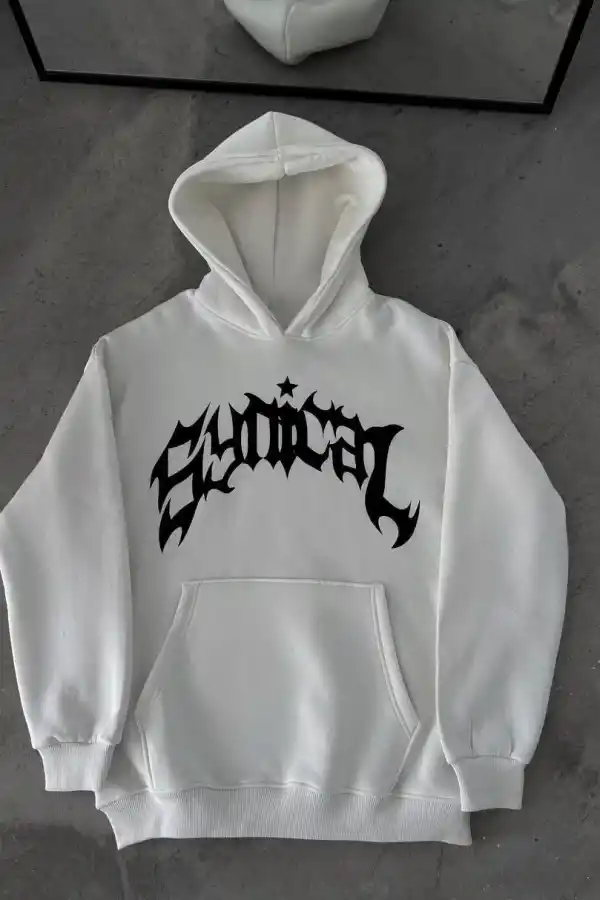 Kadın Kapüşonlu Kanguru Cepli Sweatshirt 3 İplik Pamuklu Baskılı Hoodie -  Beyaz