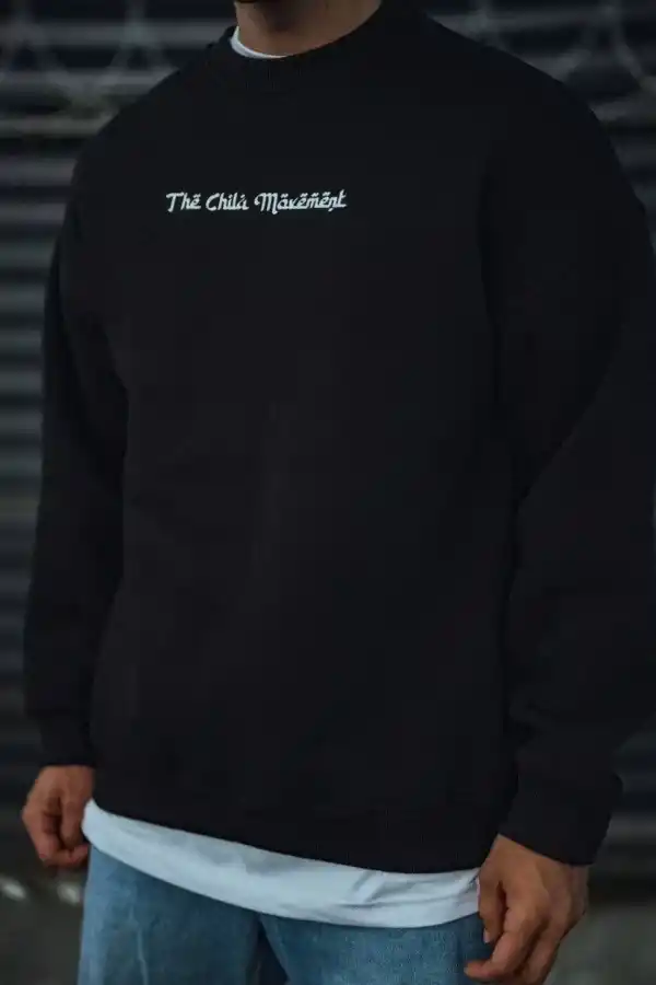 Erkek 3 iplik Pamuklu Bisiklet Yaka Baskılı SweatShirt - Siyah
