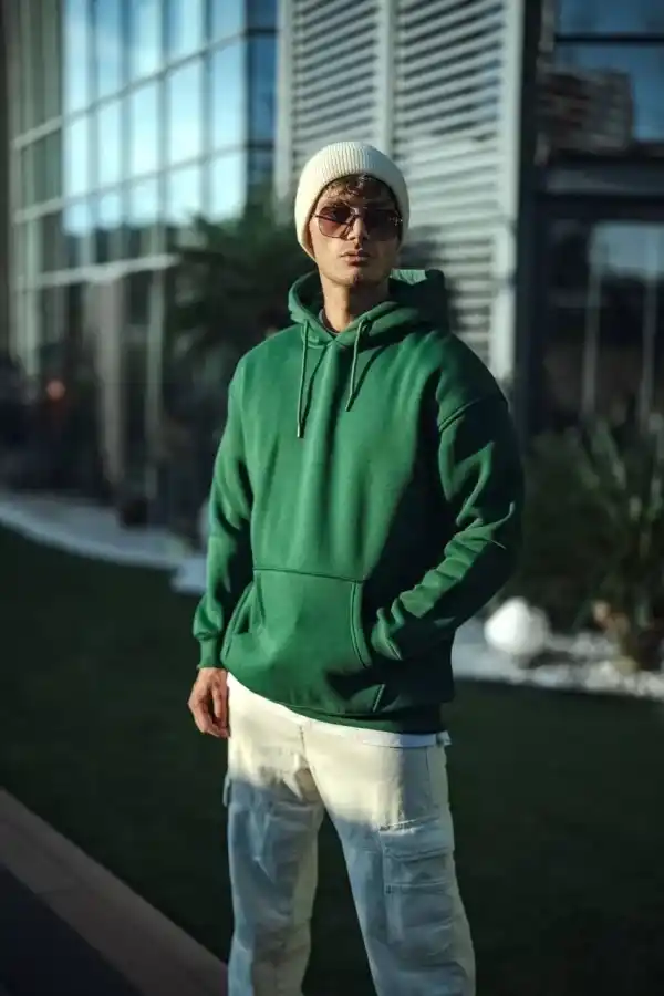 Erkek 3 İplik Pamuklu Kapüşonlu Basic SweatShirt Hoodie - Haki