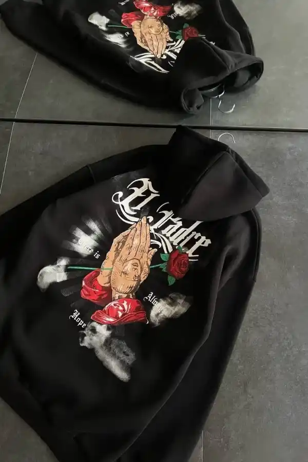 Kadın Oversize Kapüşonlu Cepli Baskılı 3 İplik Pamuklu Hoodie Sweatshirt - Siyah