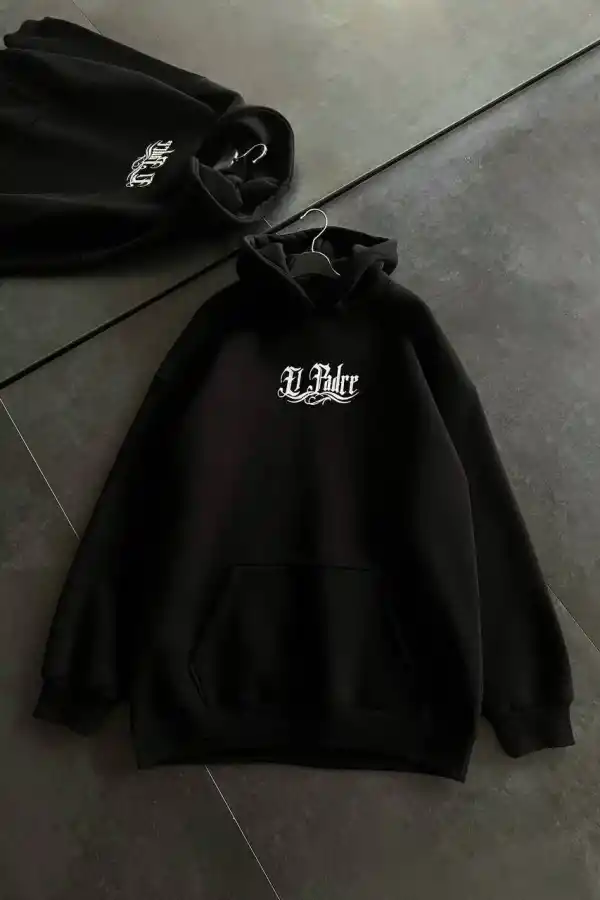 Kadın Oversize Kapüşonlu Cepli Baskılı 3 İplik Pamuklu Hoodie Sweatshirt - Siyah