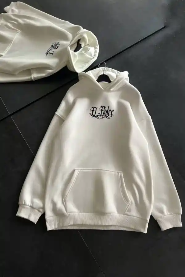 Kadın Oversize Kapüşonlu Cepli Baskılı 3 İplik Pamuklu Hoodie Sweatshirt - Beyaz