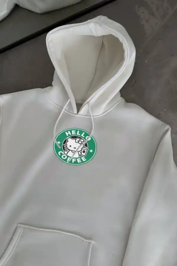 Kadın Oversize Kapüşonlu Kanguru Cepli Baskılı 3 İplik Pamuklu Sweatshirt Hoodie -   Beyaz