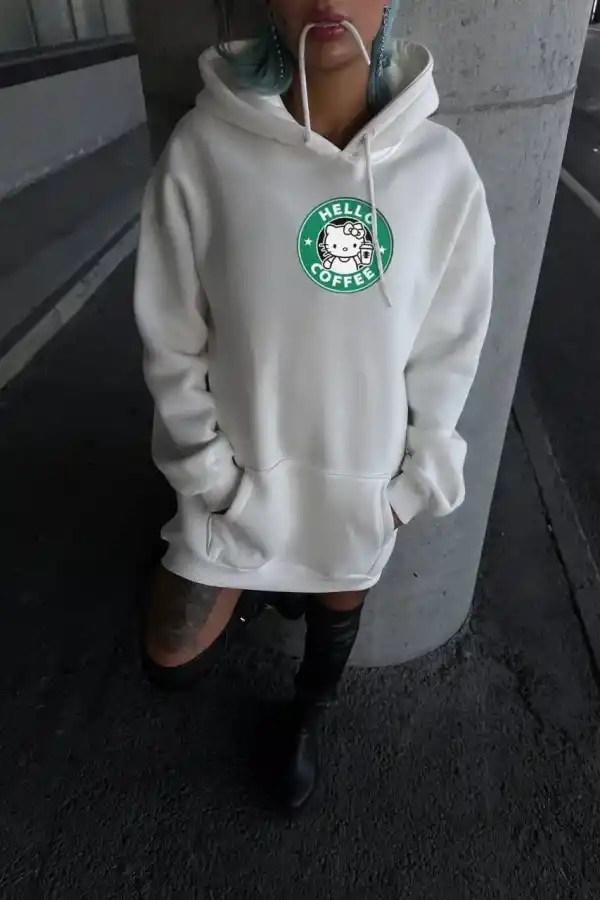 Kadın Oversize Kapüşonlu Kanguru Cepli Baskılı 3 İplik Pamuklu Sweatshirt Hoodie -   Beyaz