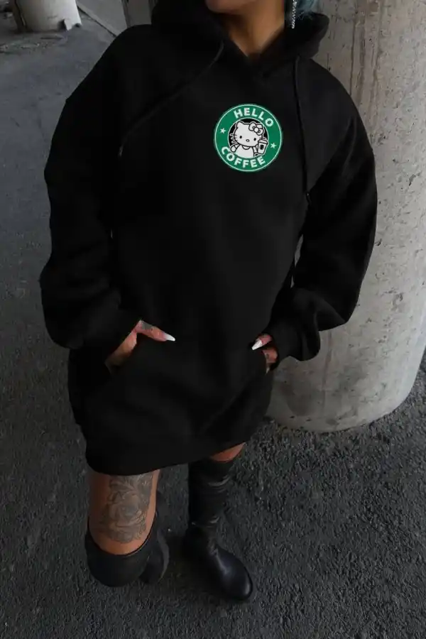 Kadın Oversize Kapüşonlu Kanguru Cepli Baskılı 3 İplik Pamuklu Sweatshirt Hoodie -   Siyah