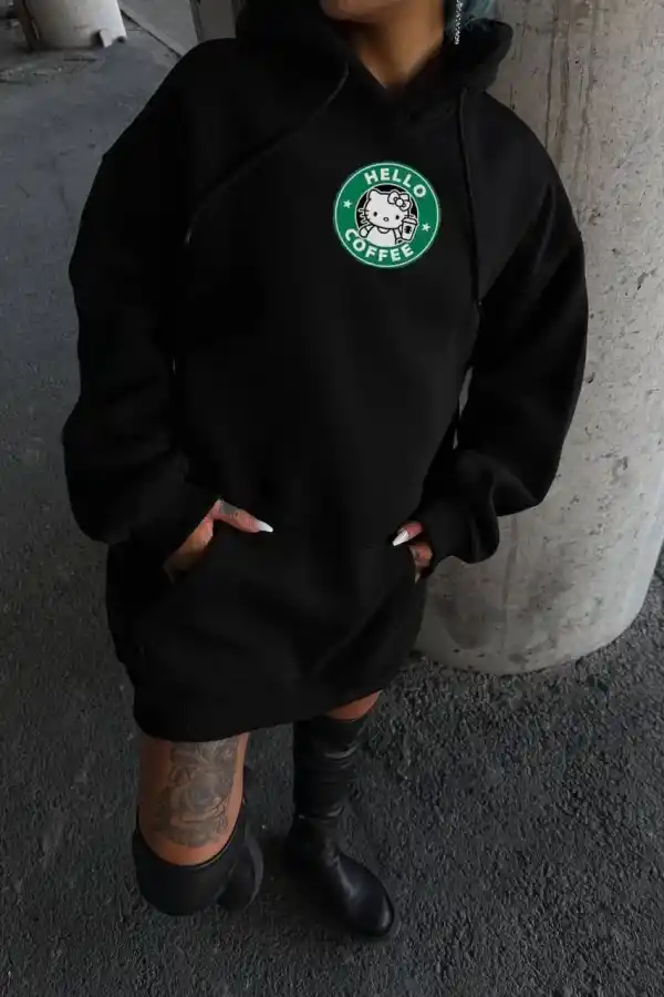 Kadın Oversize Kapüşonlu Kanguru Cepli Baskılı 3 İplik Pamuklu Sweatshirt Hoodie -   Siyah
