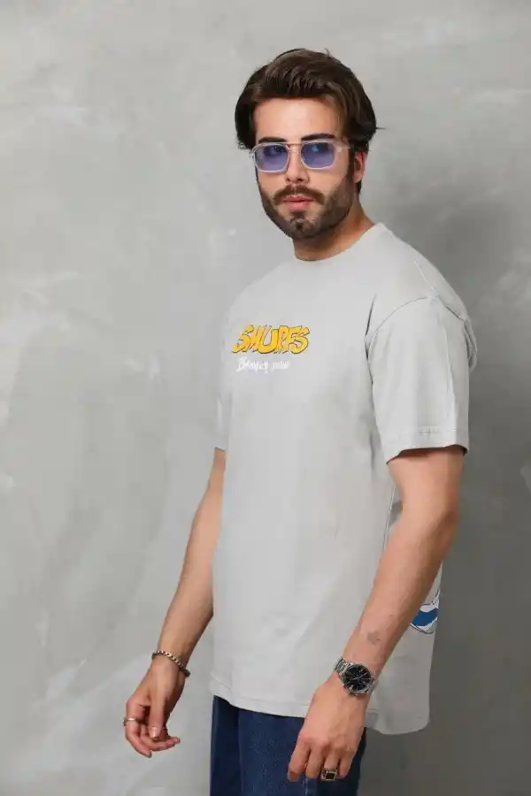 Erkek Kısa Kol Yazlık Tişört Bisiklet Yaka Baskılı Oversize T-Shirt - Gri