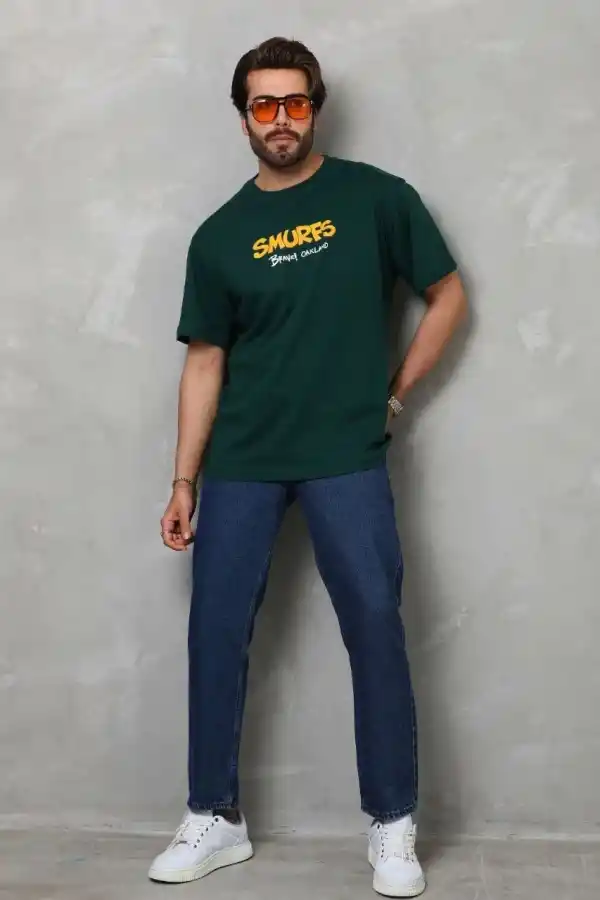 Erkek Kısa Kol Yazlık Tişört Bisiklet Yaka Baskılı Oversize T-Shirt - Yeşil