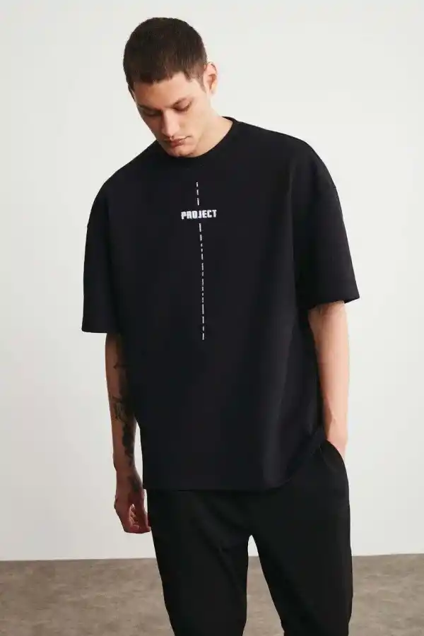 Erkek Baskılı T-Shirt Kısa Kol Bisiklet Yaka Regular Fit Rahat Kalıp Tişört - Siyah