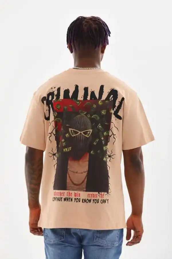 Erkek Baskılı T-Shirt Kısa Kol Bisiklet Yaka Rahat Kalıp Tişört  - Bej