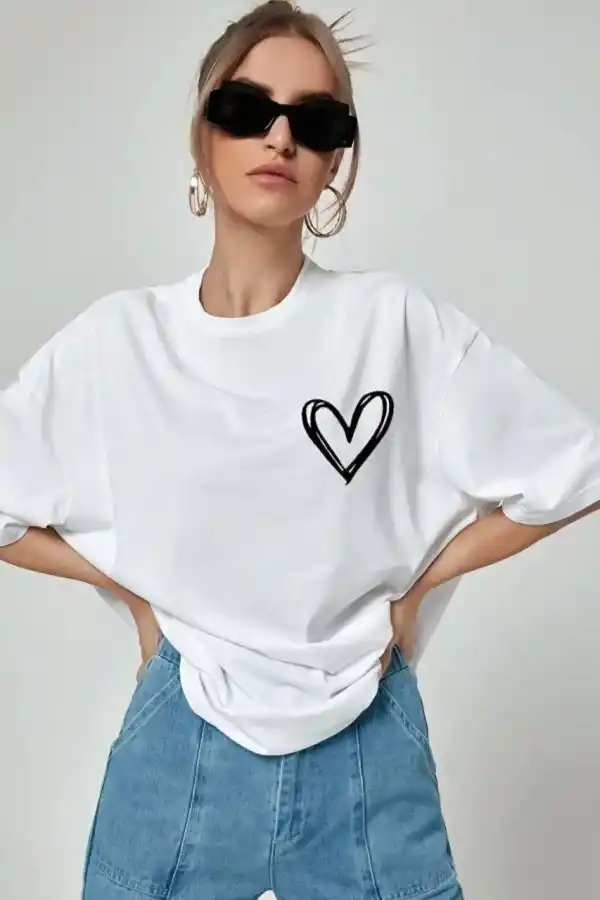 Kadın Tişort Kalp Baskılı Bisiklet yaka Kısa kol T-Shirt - Beyaz