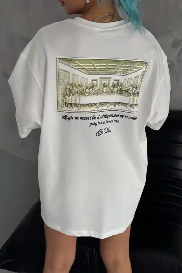 Kadın Baskılı T-Shirt Kısa Kol Bisiklet Yaka Oversize Rahat Kalıp Günlük Tişört - Beyaz