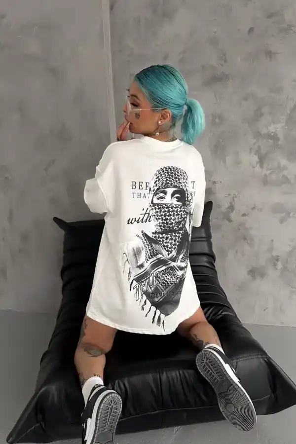 Kadın Kısa Kol Tişört Bisiklet Yaka Filistin Poşülü Baskılı T-Shirt - Beyaz