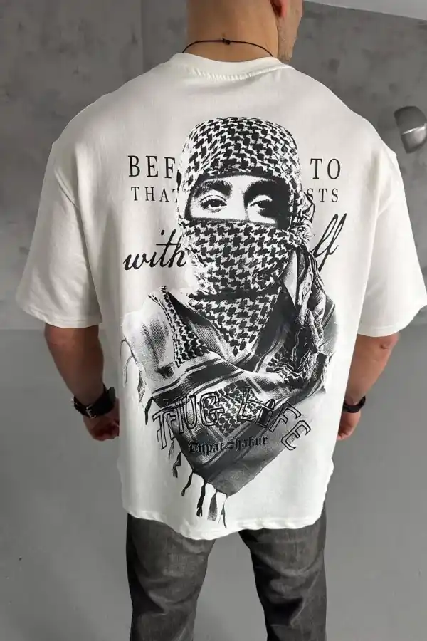 Erkek Kısa Kol Tişört Bisiklet Yaka Filistin Poşulu Baskılı T-Shirt - Beyaz