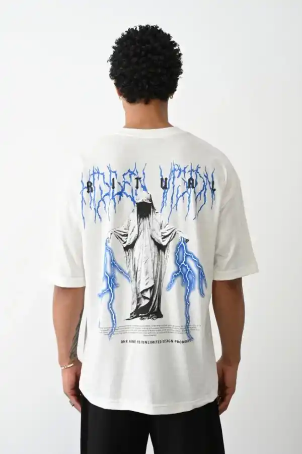 Erkek Kısa Kol Yazlık Tişört Bisiklet Yaka Baskılı Oversize T-Shirt -  Beyaz