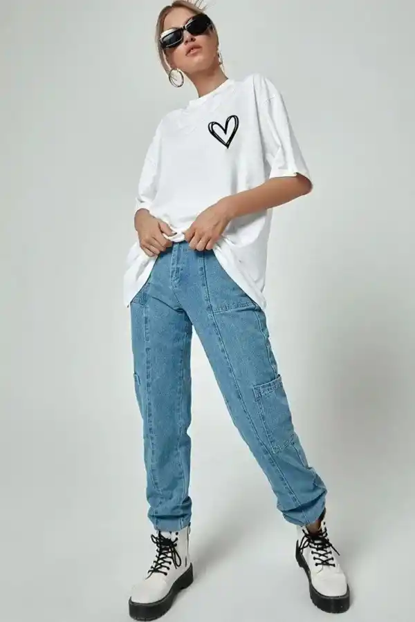 Kadın Tişort Kalp Baskılı Bisiklet yaka Kısa kol T-Shirt - Beyaz