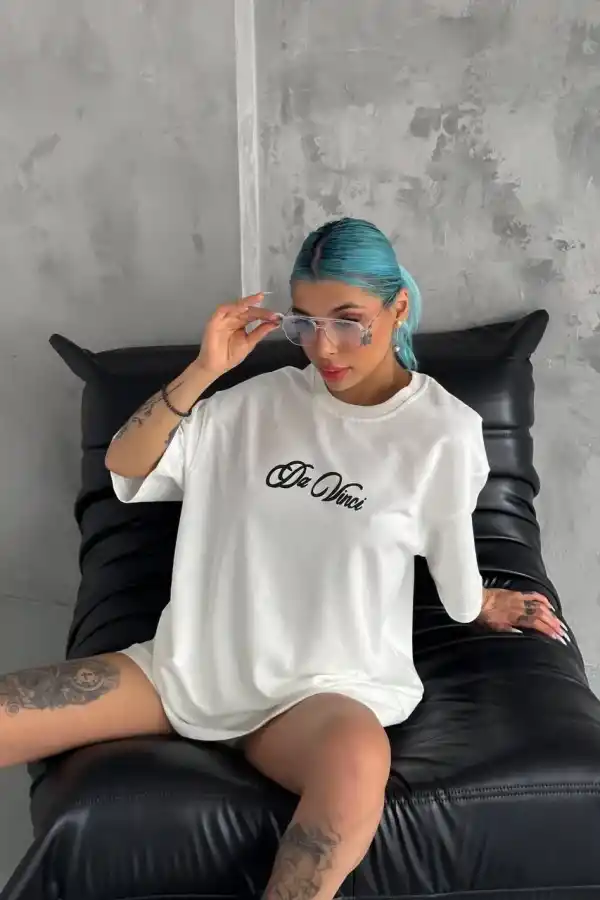 Kadın Baskılı T-Shirt Kısa Kol Bisiklet Yaka Oversize Rahat Kalıp Günlük Tişört - Beyaz